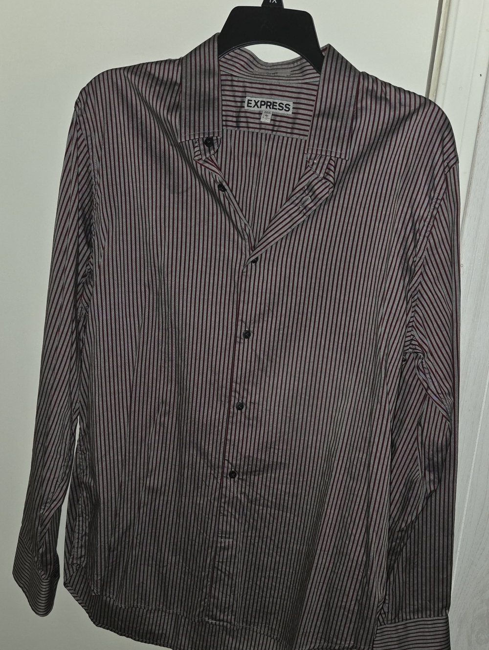 Express Men’s Pink and Black Vertical Stripe Dress Shirt